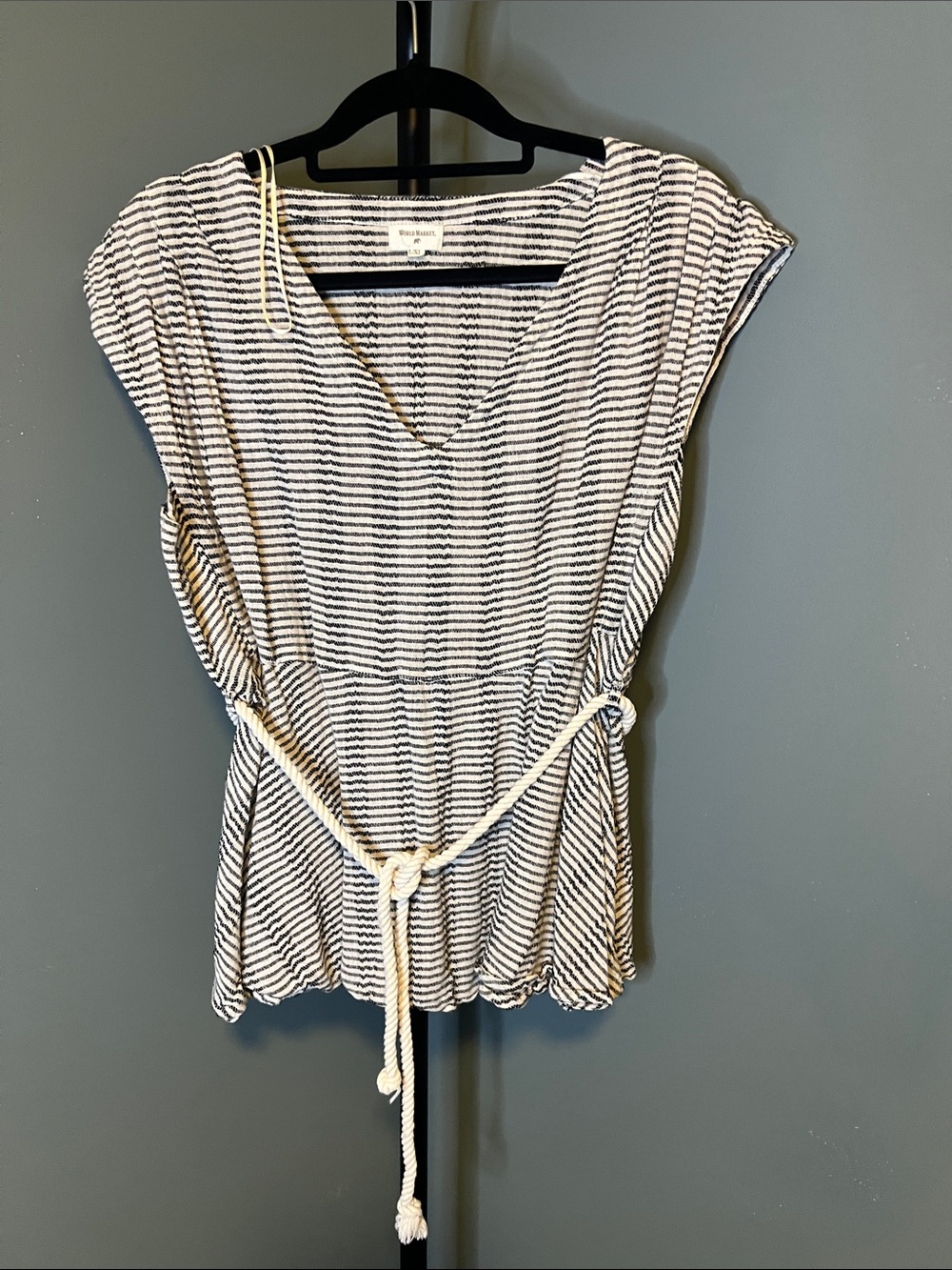 World Market Black and White Striped V-Neck Blouse with Rope Tie
